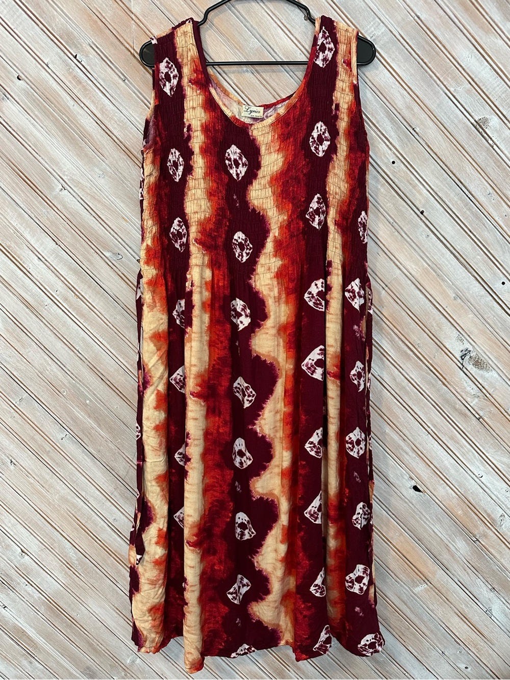 Boho Tie-Dye Midi Dress in Burgundy and Cream - Lightweight Sleeveless